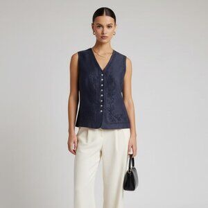 VINTAGE VALERIE STEVENS Navy Linen Embroidered Vest Size 12